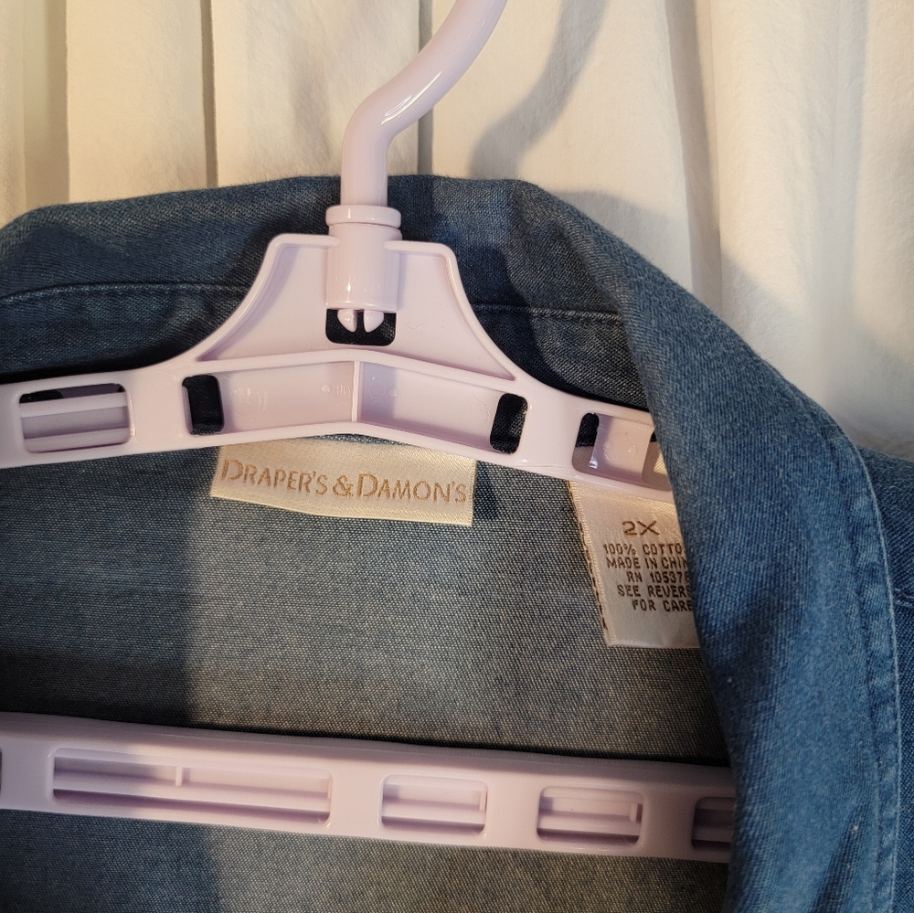 Embroidered Denim Button-Up Shirt Jacket With Subtle Rhinestones - Picture 9 of 16
